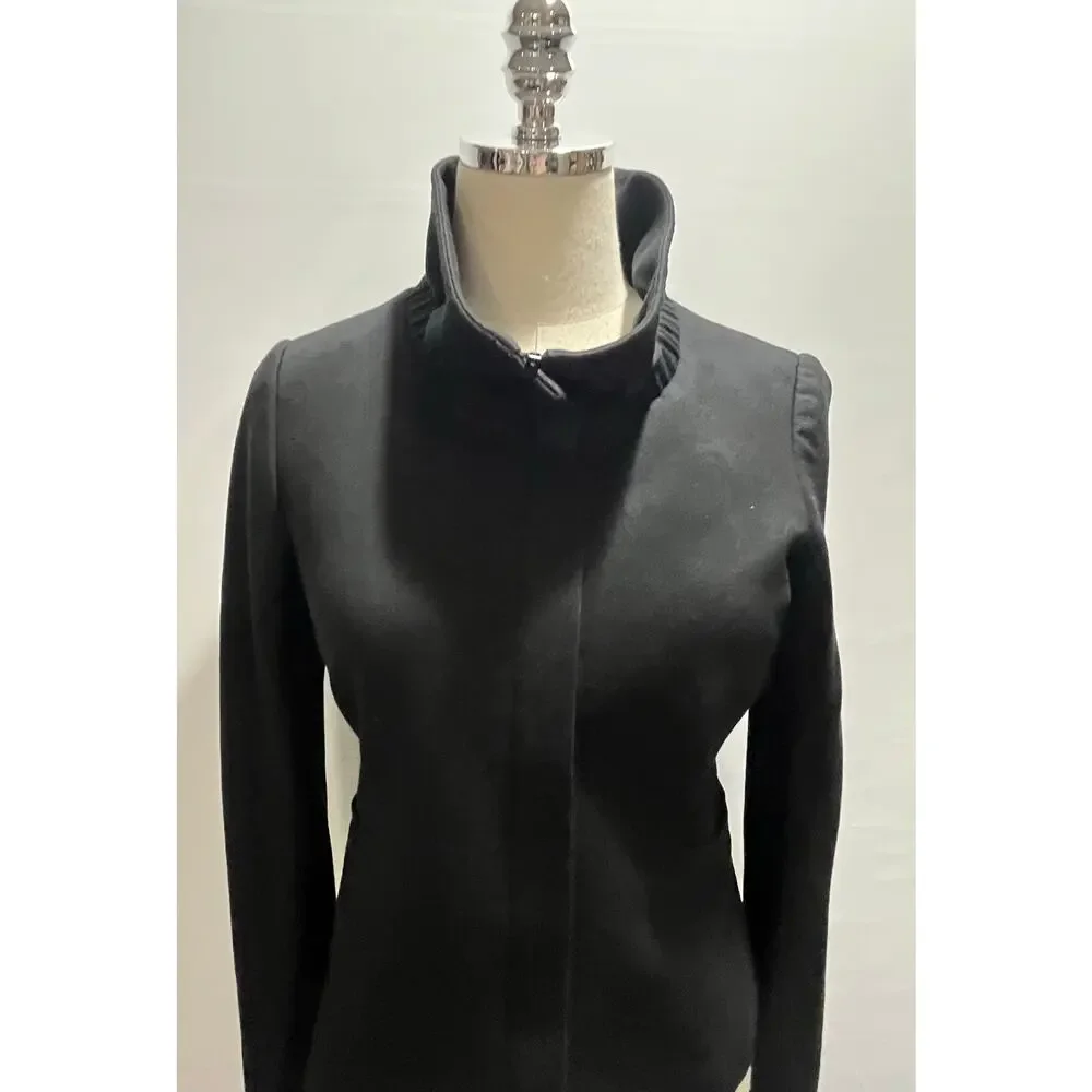 Theory Mariony‎ Black Ruffled Neck Zip Up Ponte Knit Zip Up Blazer Jacket Sz 4